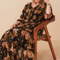 Floral Panel Smocked V Neck Dress Plus Size