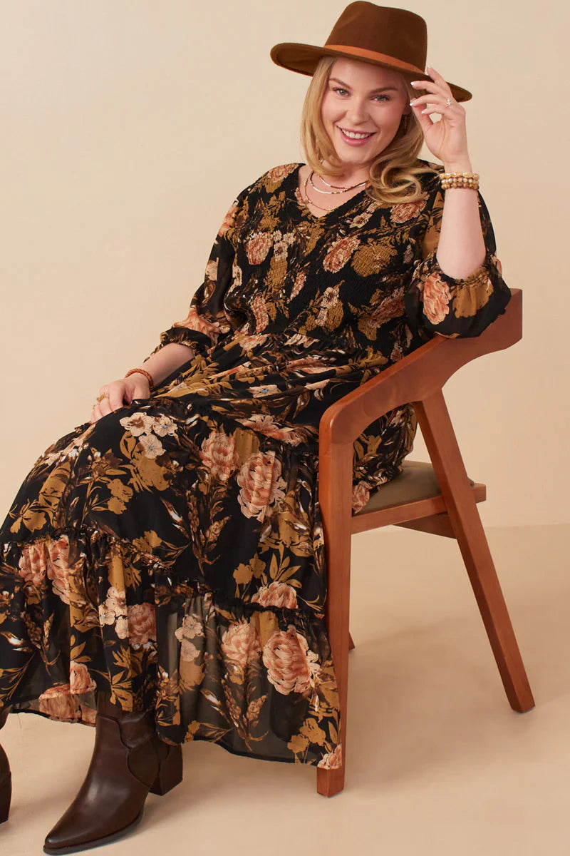 Floral Panel Smocked V Neck Dress Plus Size