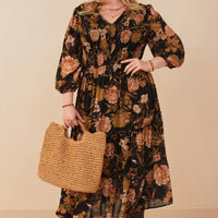 Floral Panel Smocked V Neck Dress Plus Size