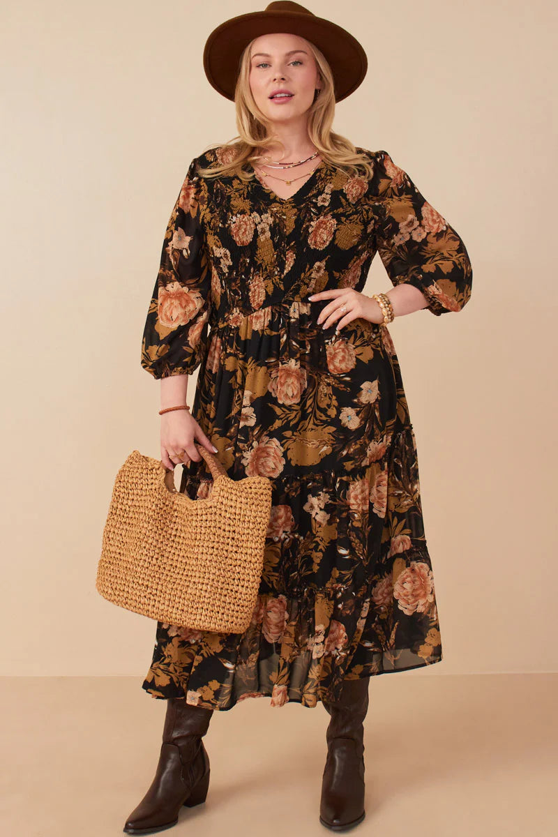 Floral Panel Smocked V Neck Dress Plus Size