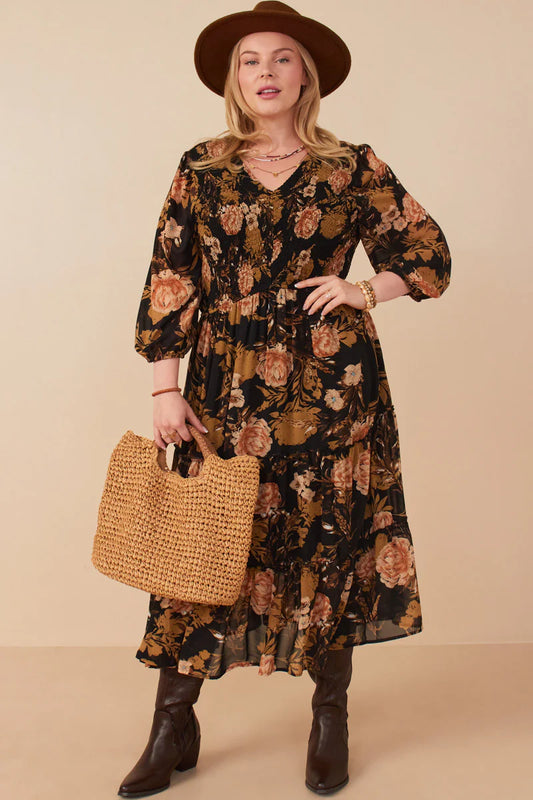 Floral Panel Smocked V Neck Dress Plus Size