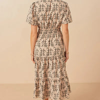 Botanical Print Cinch Waist Tiered Dress
