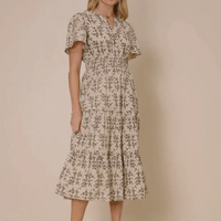 Botanical Print Cinch Waist Tiered Dress