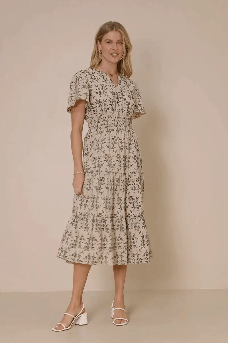 Botanical Print Cinch Waist Tiered Dress