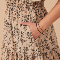 Botanical Print Cinch Waist Tiered Dress