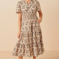 Botanical Print Cinch Waist Tiered Dress