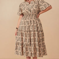 Botanical Print Cinch Waist Tiered Dress Plus Size