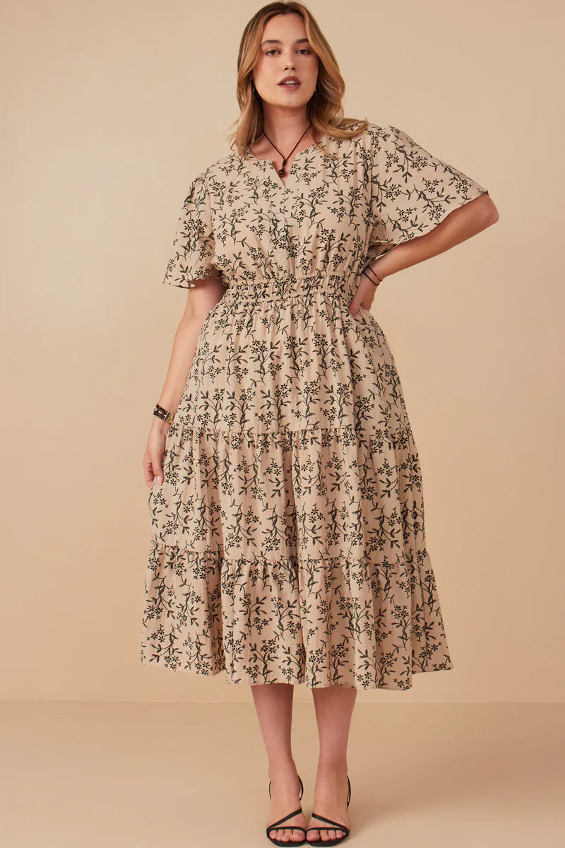 Botanical Print Cinch Waist Tiered Dress Plus Size