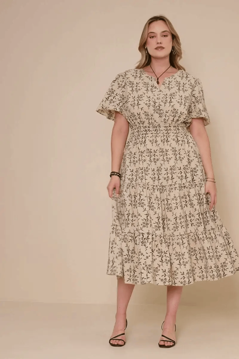Botanical Print Cinch Waist Tiered Dress Plus Size