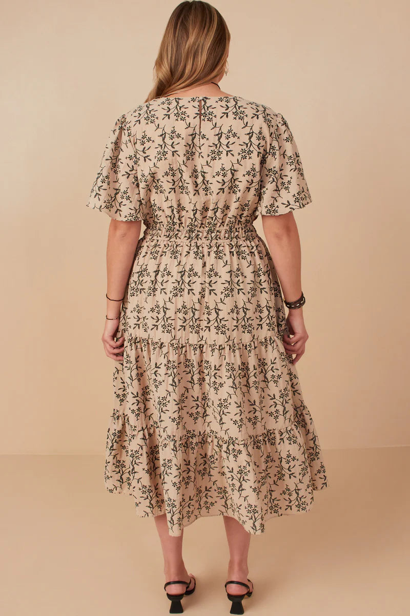 Botanical Print Cinch Waist Tiered Dress Plus Size