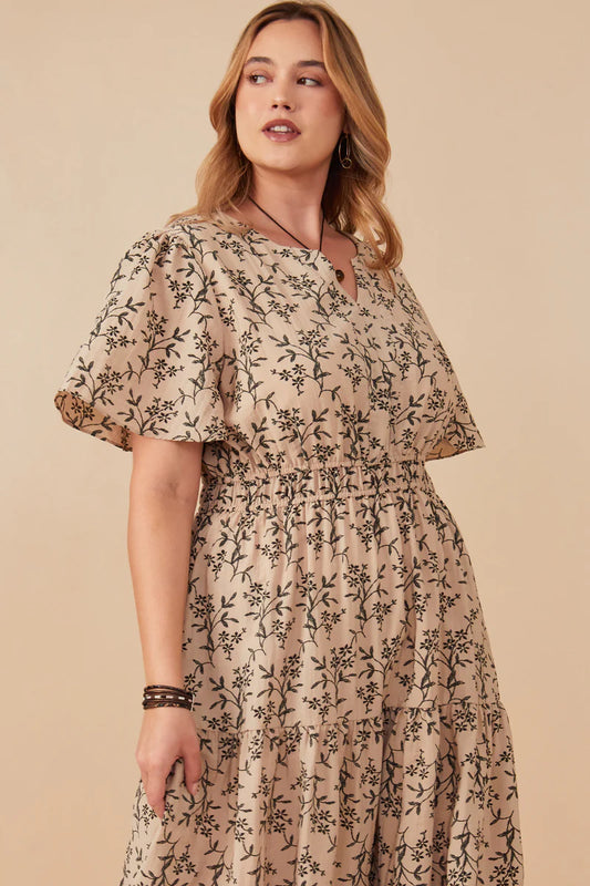 Botanical Print Cinch Waist Tiered Dress Plus Size