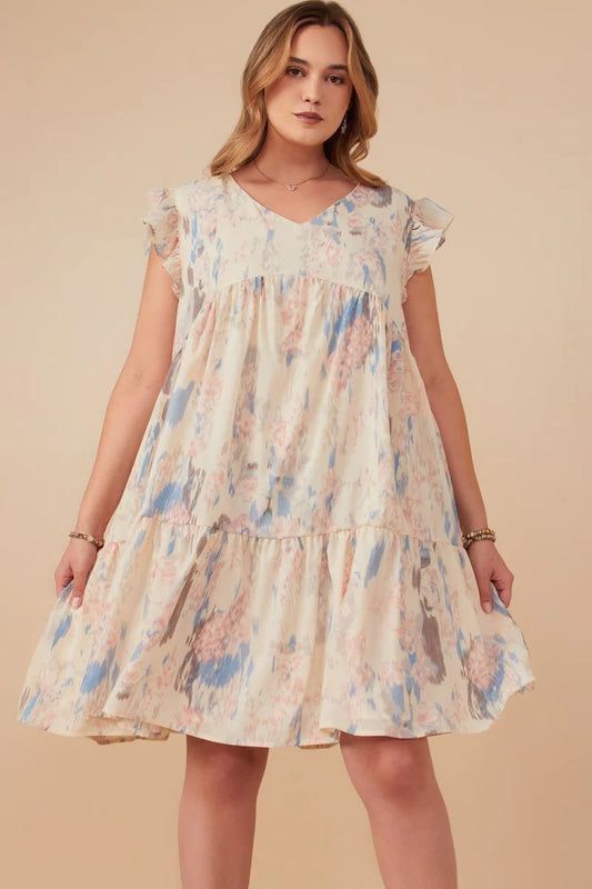 Watercolor V Neck Tiered Ruffle Dress