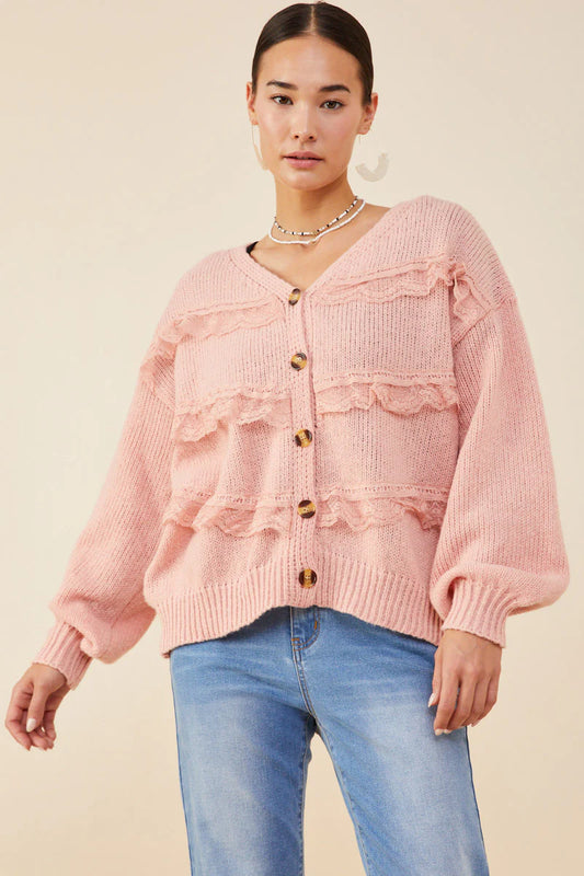 Lace Frilled Button Cardigan Sweater
