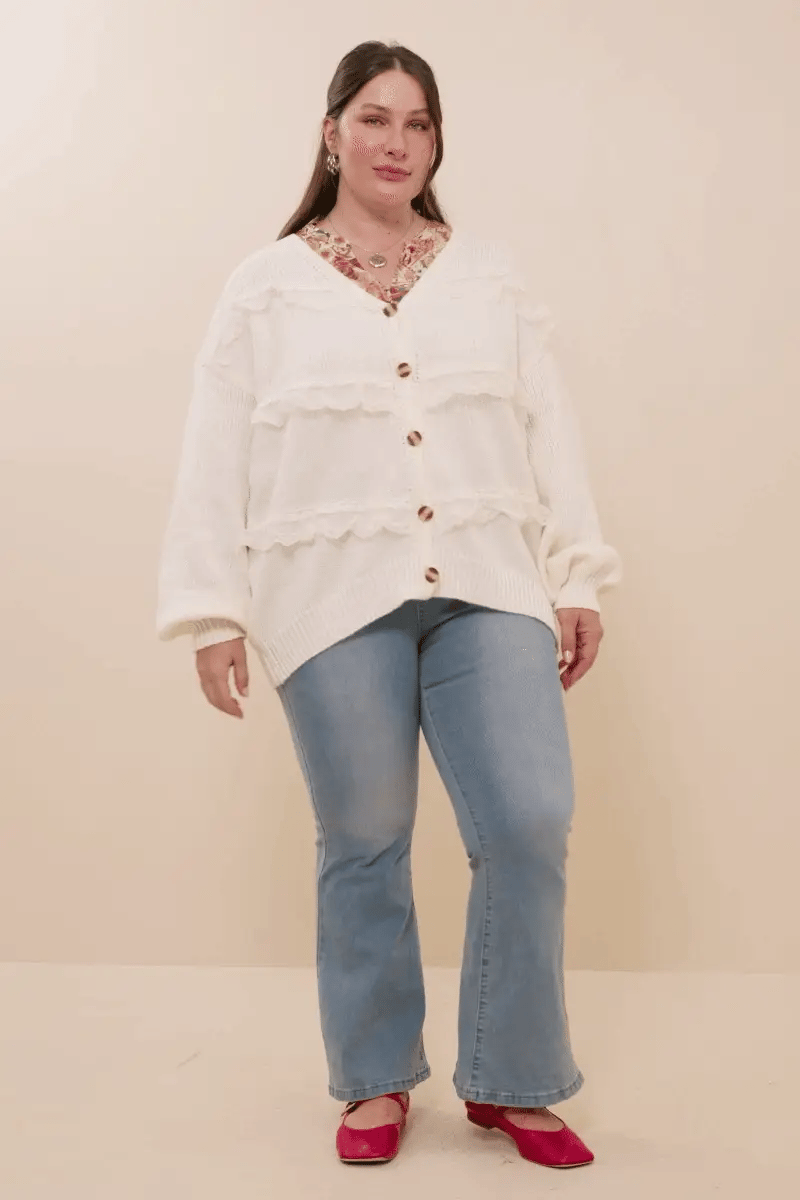 Lace Frilled Button Cardigan Plus Size Sweater