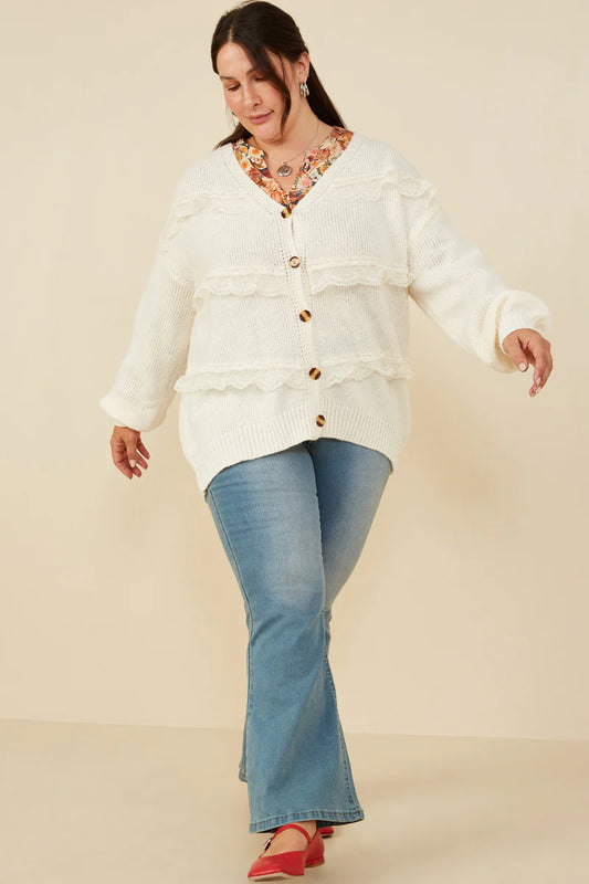 Lace Frilled Button Cardigan Plus Size Sweater