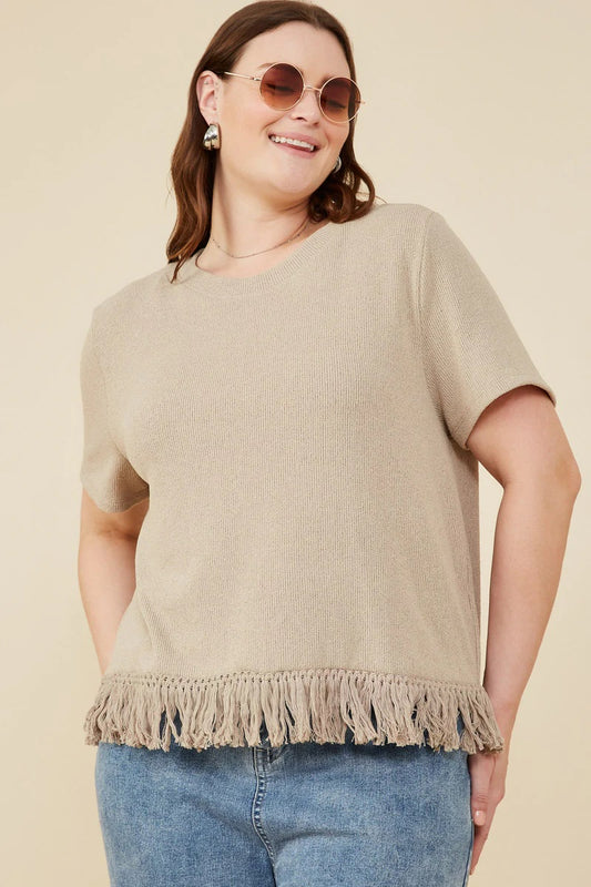 Fringed Tassel Hem Knit Plus Size Top