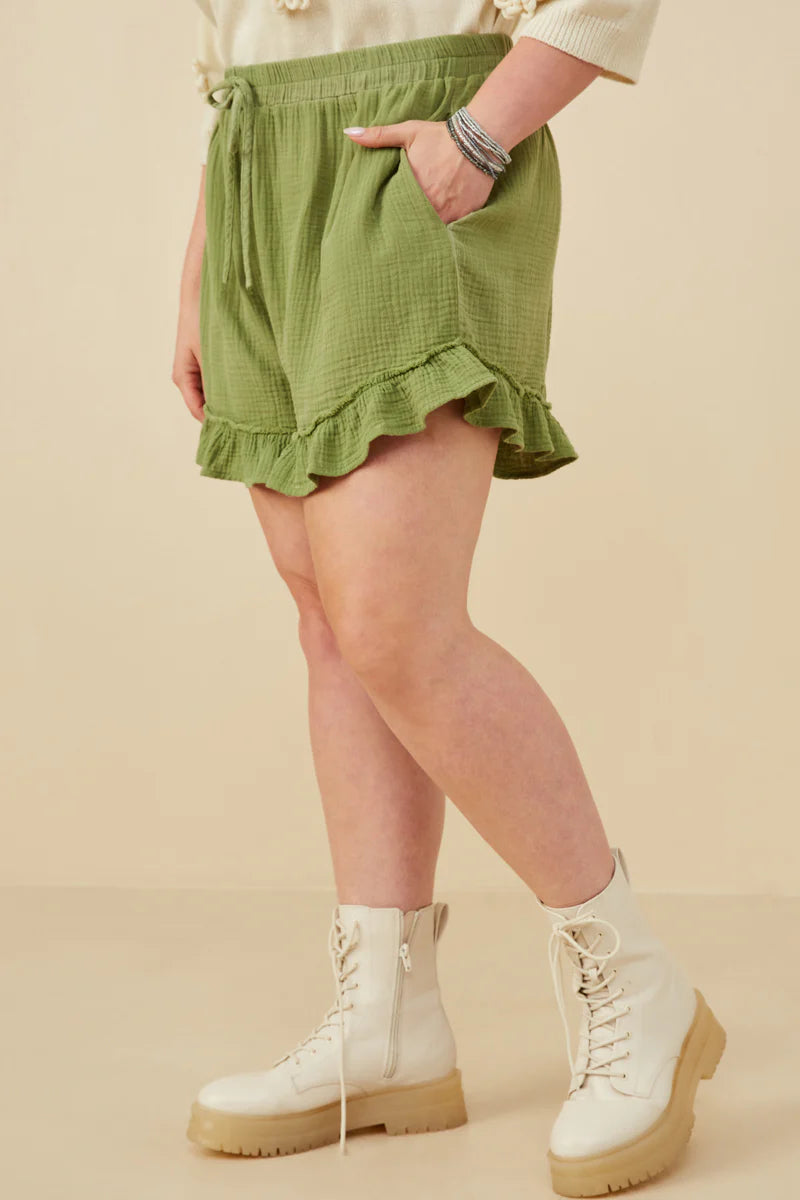 Washed Gauze Textured Ruffled Hem Plus Shorts