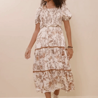 Botanical Print Lave Trimmed Satin Dress