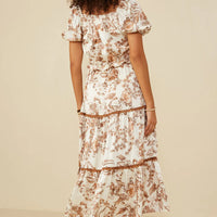 Botanical Print Lave Trimmed Satin Dress