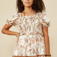 Botanical Print Lave Trimmed Satin Dress