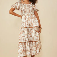 Botanical Print Lave Trimmed Satin Dress