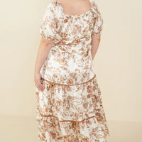 Botanical Print Lace Trimmed Satin Dress Plus Size