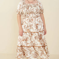 Botanical Print Lace Trimmed Satin Dress Plus Size