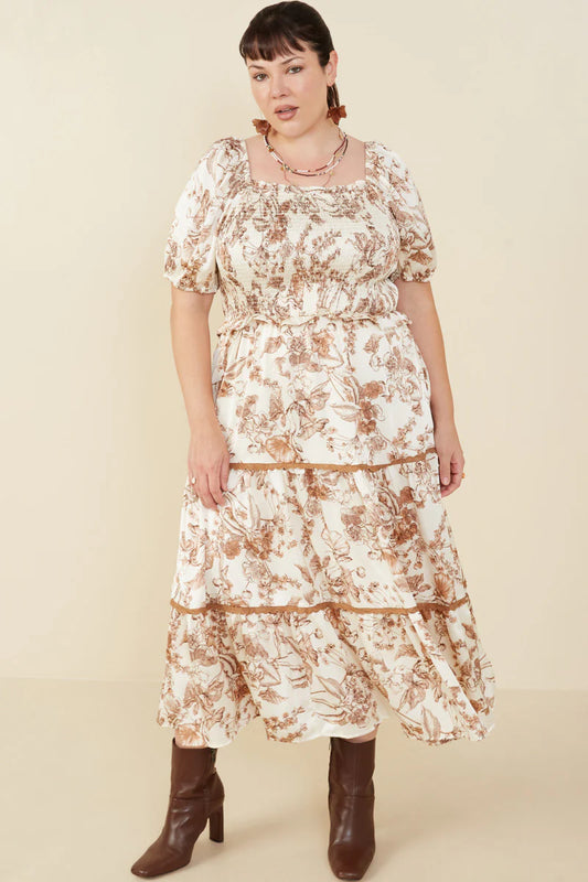 Botanical Print Lace Trimmed Satin Dress Plus Size