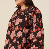 Textured Floral Smocked Tie Front Top Plus Size