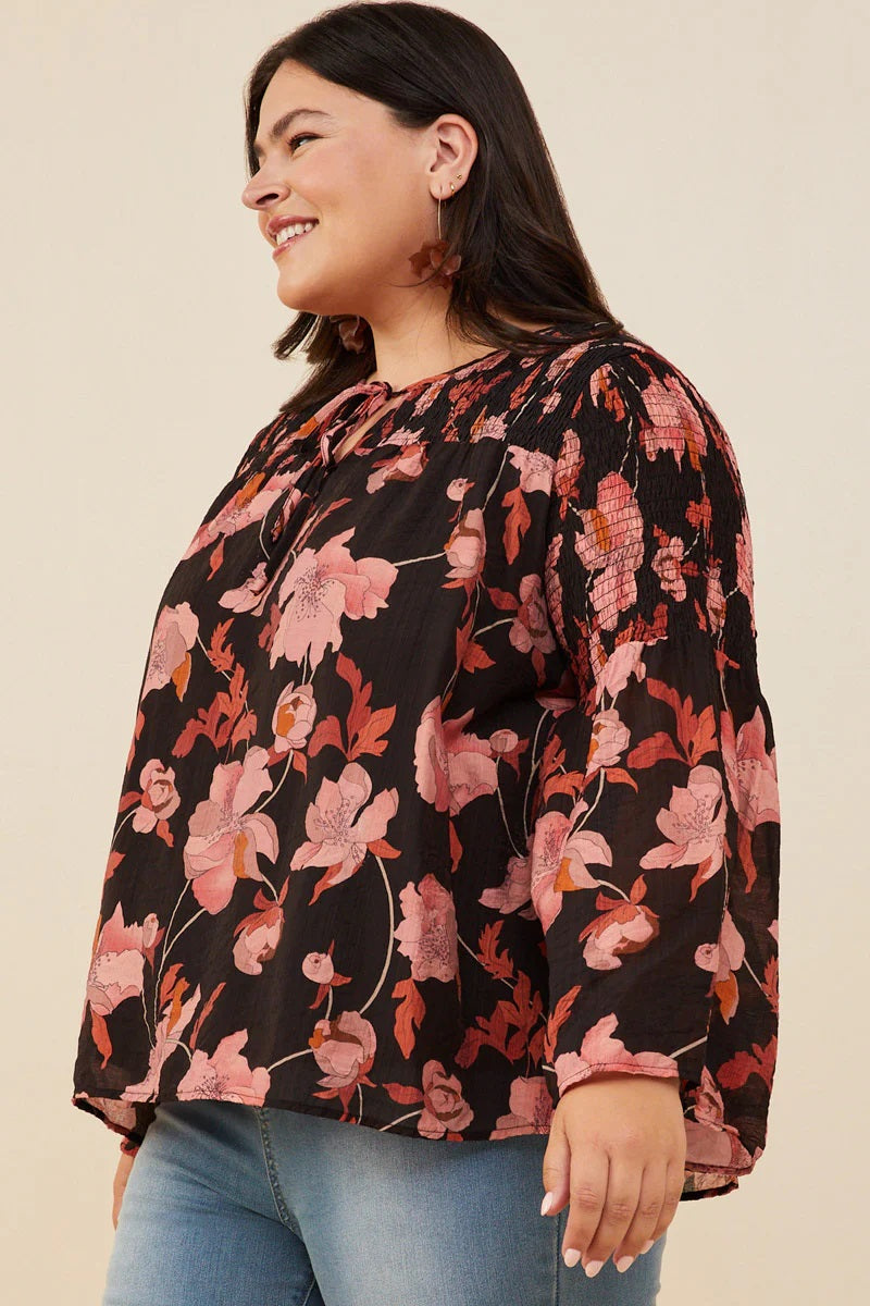 Textured Floral Smocked Tie Front Top Plus Size
