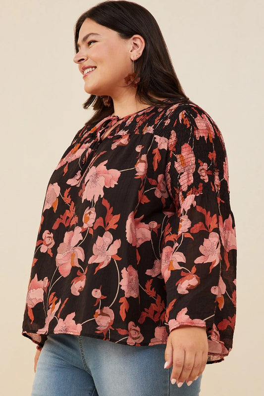 Textured Floral Smocked Tie Front Top Plus Size