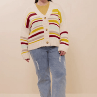 Striped Knit Cropped Cardigan Plus Size Sweater