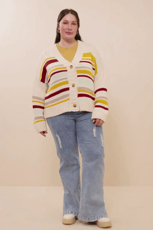 Striped Knit Cropped Cardigan Plus Size Sweater