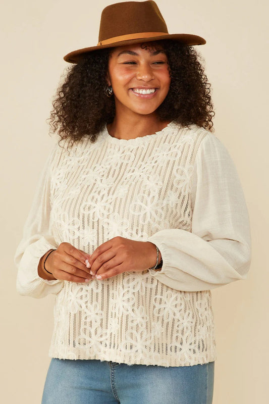 Floral Embroidered Puff Slv Plus Size Top