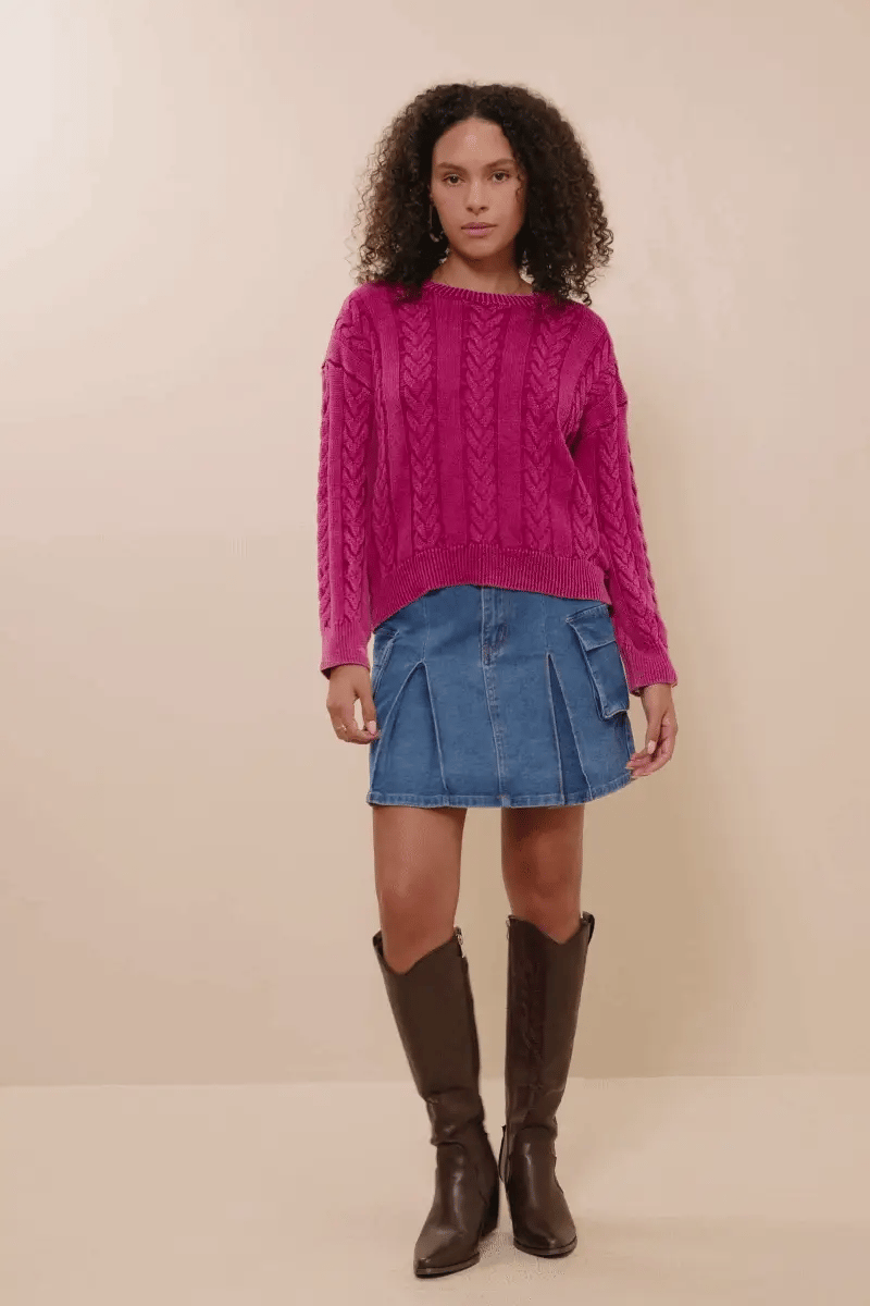 Cable Knit Washed Pullover Sweater