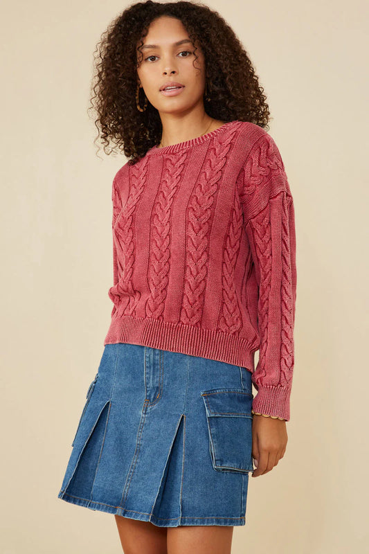 Cable Knit Washed Pullover Sweater