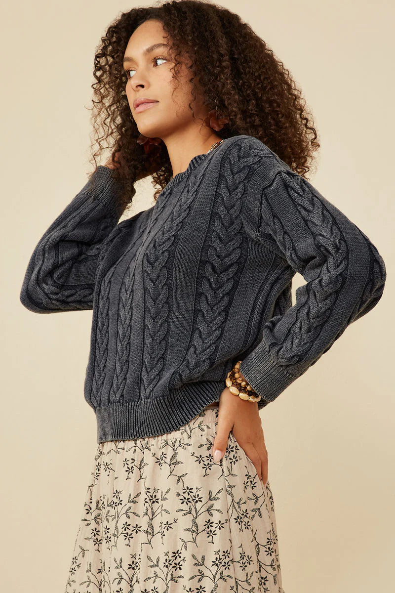 Cable Knit Washed Pullover Sweater
