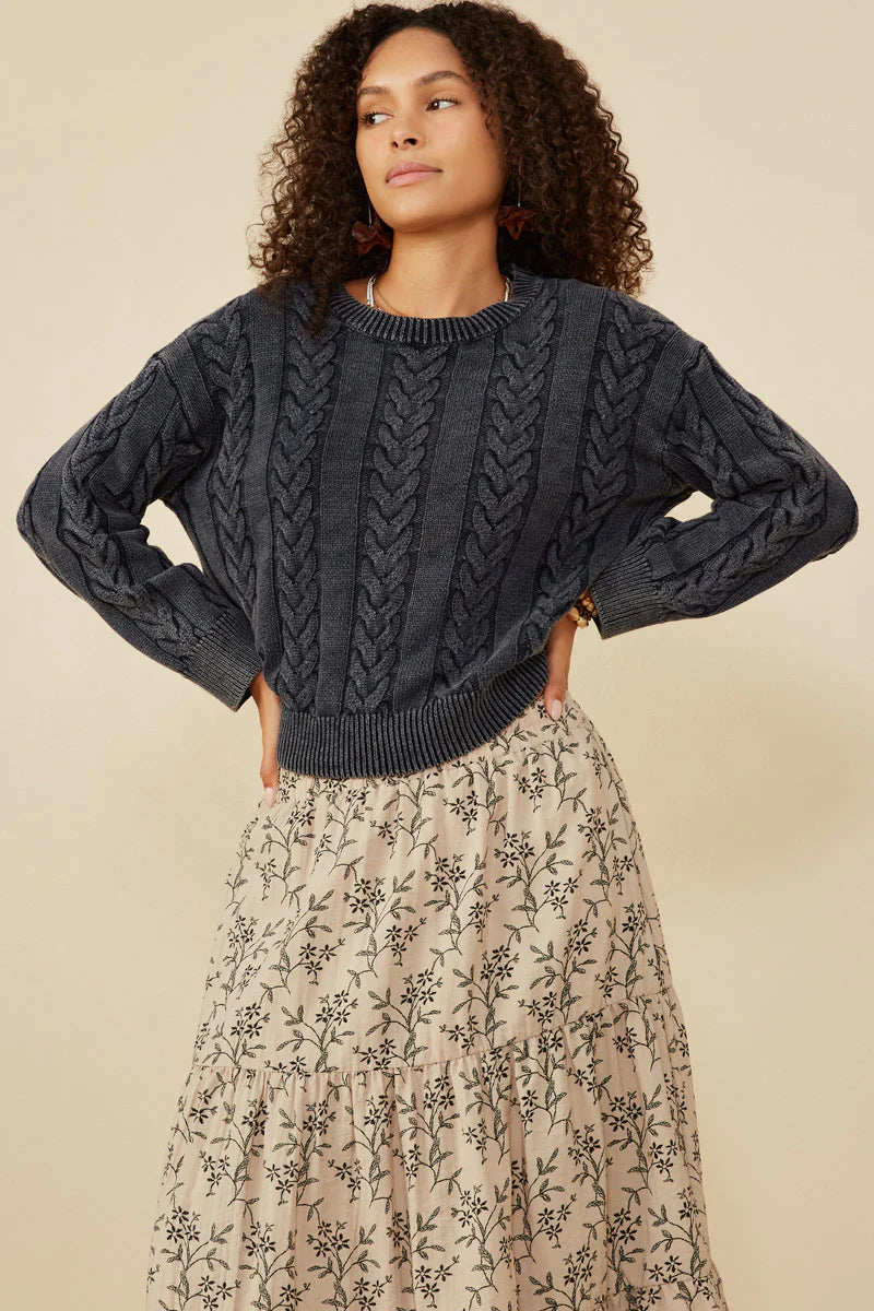 Cable Knit Washed Pullover Sweater