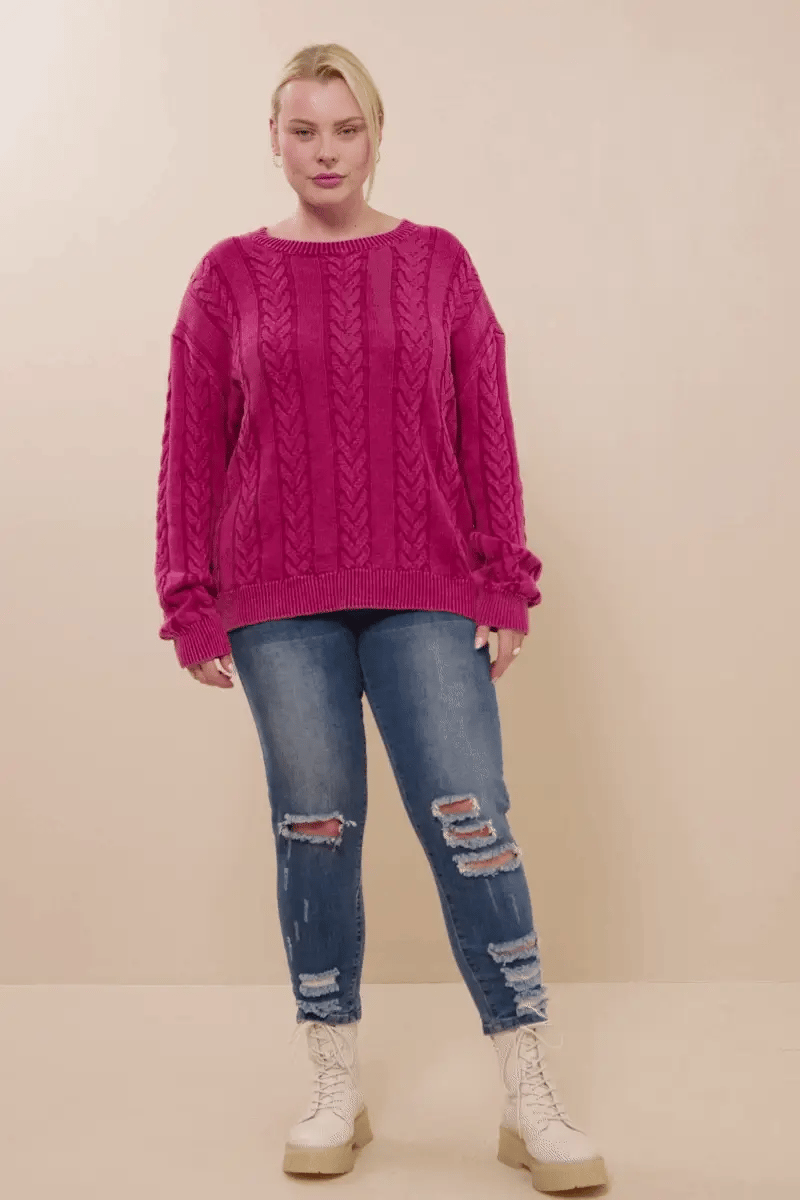 Cable Knit Washed Pullover Sweater Plus Size