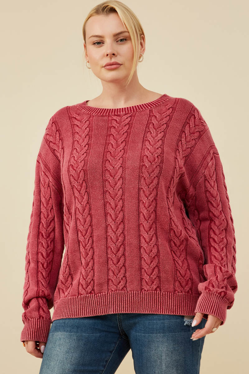 Cable Knit Washed Pullover Sweater Plus Size