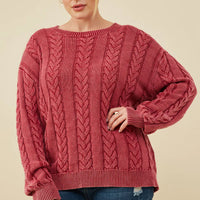 Cable Knit Washed Pullover Sweater Plus Size