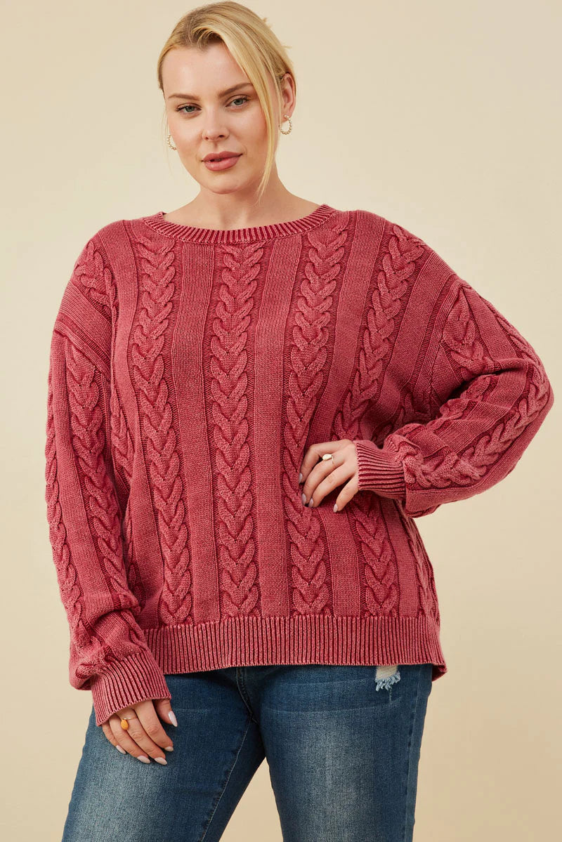Cable Knit Washed Pullover Sweater Plus Size