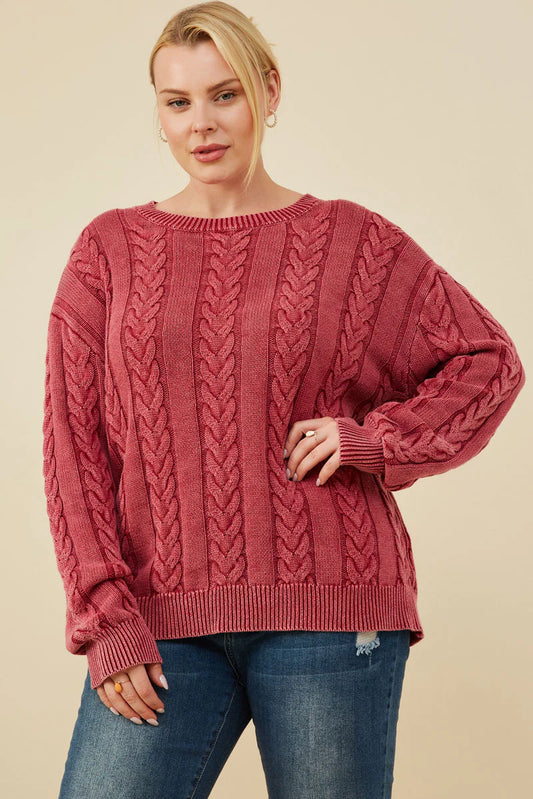Cable Knit Washed Pullover Sweater Plus Size