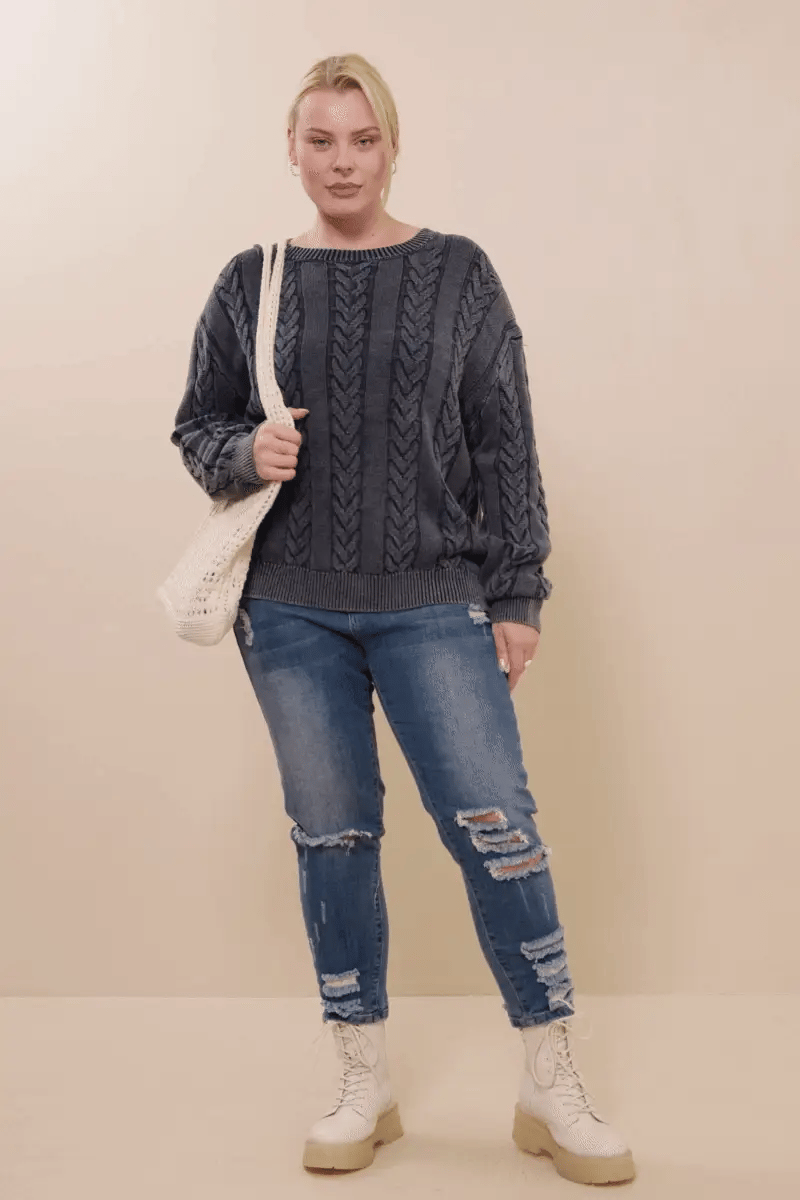 Cable Knit Washed Pullover Sweater Plus Size