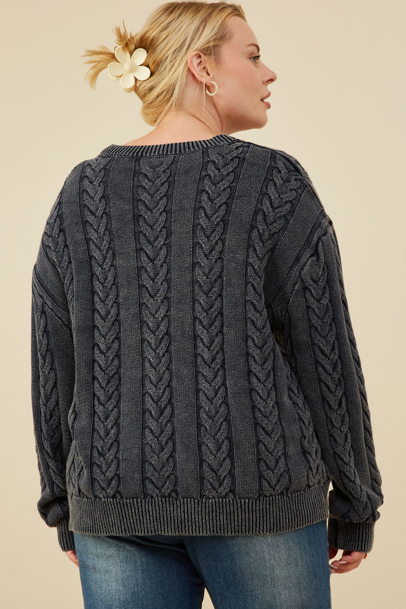 Cable Knit Washed Pullover Sweater Plus Size
