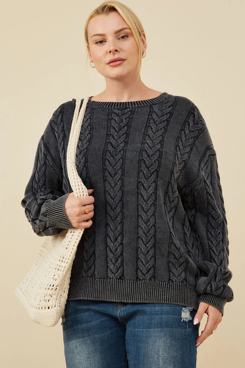 Cable Knit Washed Pullover Sweater Plus Size
