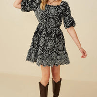 Eyelet Embroidered Puff Slv Dress