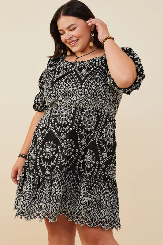 Eyelet Embroidered Puff Slv Dress Plus Size