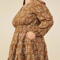 Notch Detail Long Sleeve Floral Dress Plus Size