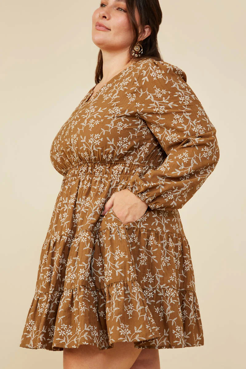 Notch Detail Long Sleeve Floral Dress Plus Size